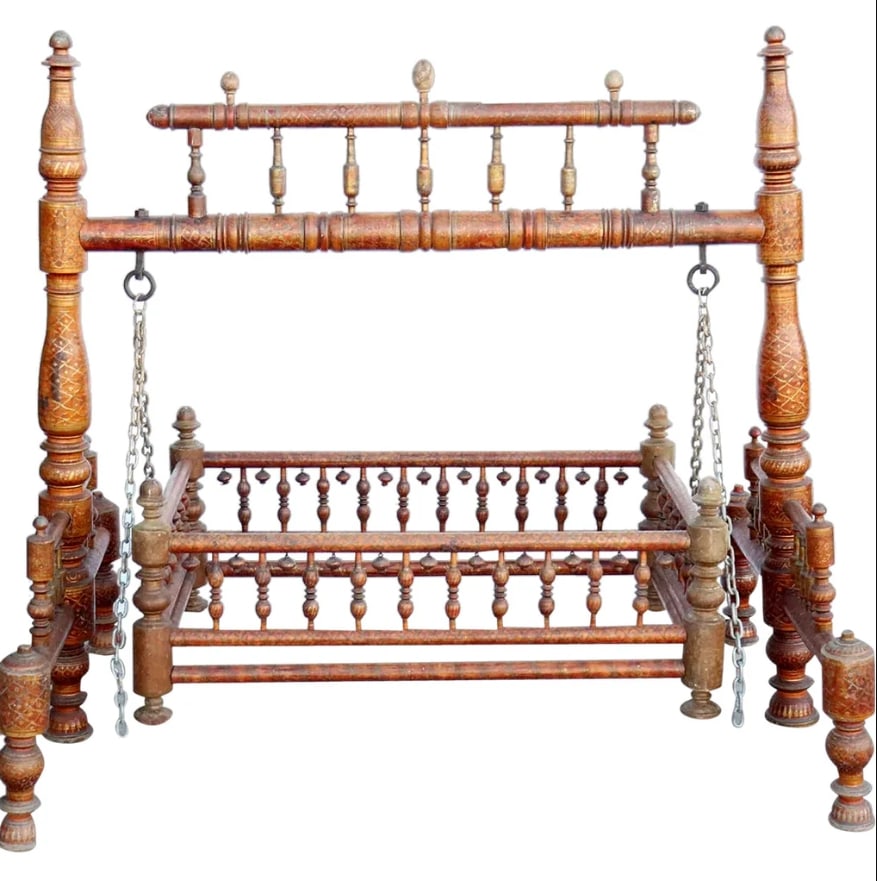 Indian Teak Gilt Decorated (Jhoula) Cradle: Indian Teak Gilt Decorated (Jhoula) Cradle (Palan) Shrine Swing. This antique swing was designed to hold a shrine. Chain height is adjustable. Originally it would have had a woven seat. Note: the swin