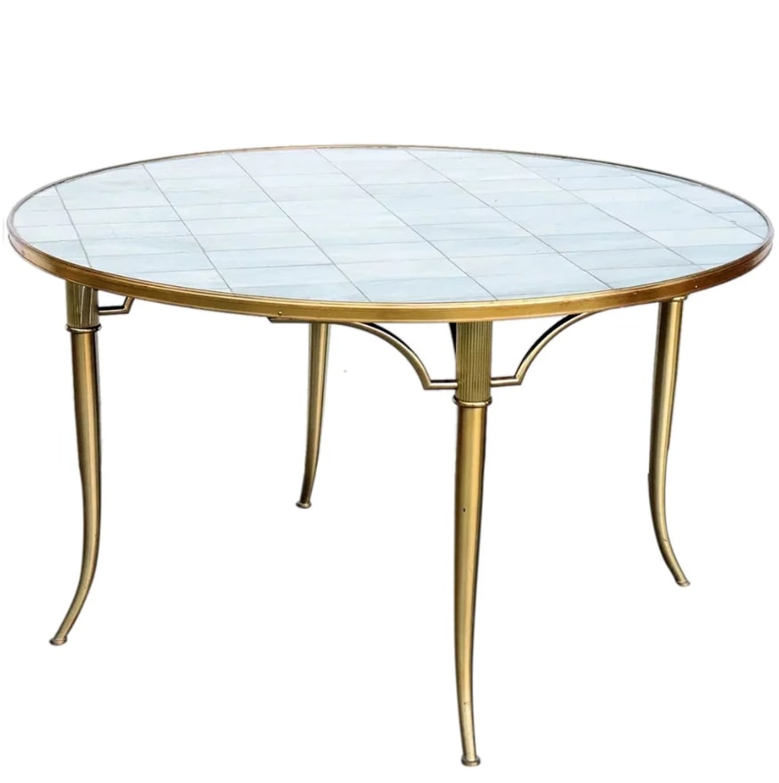 American William (Billy) Haines Brass and Tile Klismos Table c. 1955: American William (Billy) Haines Brass and Marble Klismos Round Games Table. A vintage Hollywood Regency klismos round games table or small dining / kitchen / breakfast table, crafted of solid brass, w