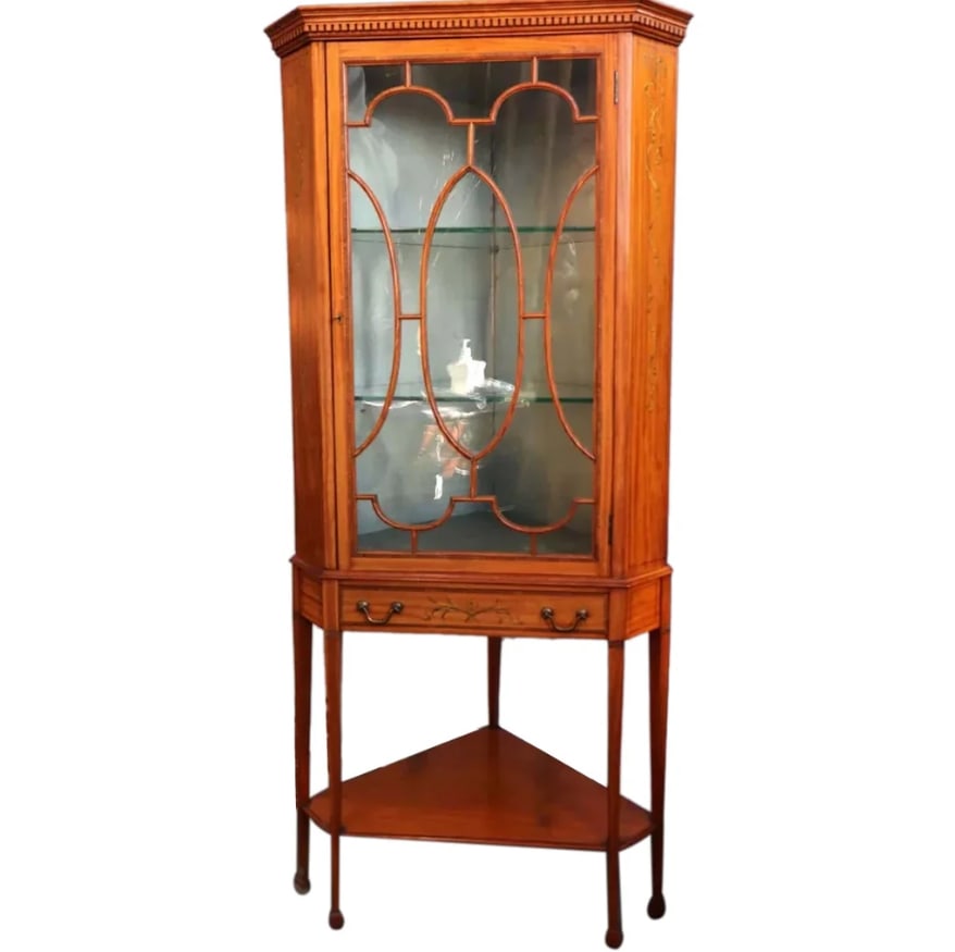 English Edwardian Mahogany, Satinwood Veneer Corner Cabinet 1900s (1 of 8)