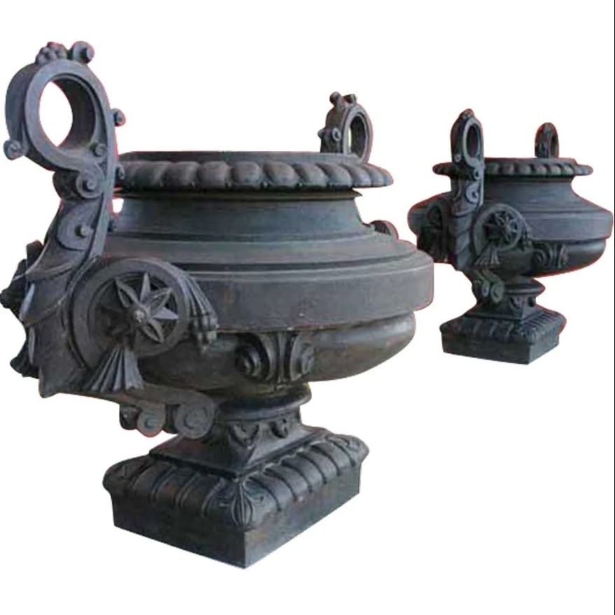 Rare Large Pair Spanish GAUDI Ciutadella Park Cast Iron Urns 19th century: Rare Large Pair Spanish JOSEP FONTSERE / GAUDI Ciutadella Park Cast Iron Garden Urns / Planters. Two special antique early patinated black iron double handled monumental planters. Note the classical f