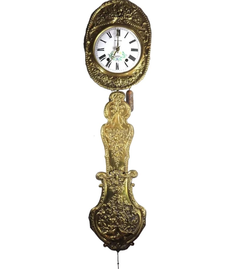 French Mesaize Cagnes Brass Comtoise Wall Clock 19th Century: French Mesaize Cagnes Brass, Iron and Enamel Comtoise Wall Clock. An antique French wag-on-the-wall style wall mount clock known as a morbier or comtoise clock. With painted enamel face with Roman num