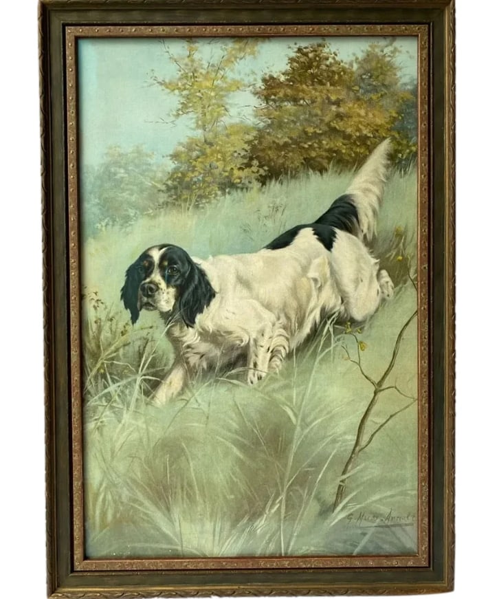 After GUSTAV MUSS-ARNOLT Chromolithograph Print, Setter Dog on Point 1900s: After GUSTAV MUSS-ARNOLT Chromolithograph Print on Paper, Setter Dog on Point. An antique, hunting scene of a black and white setter dog on a grassy hill, alerting and pointing towards game. This imag