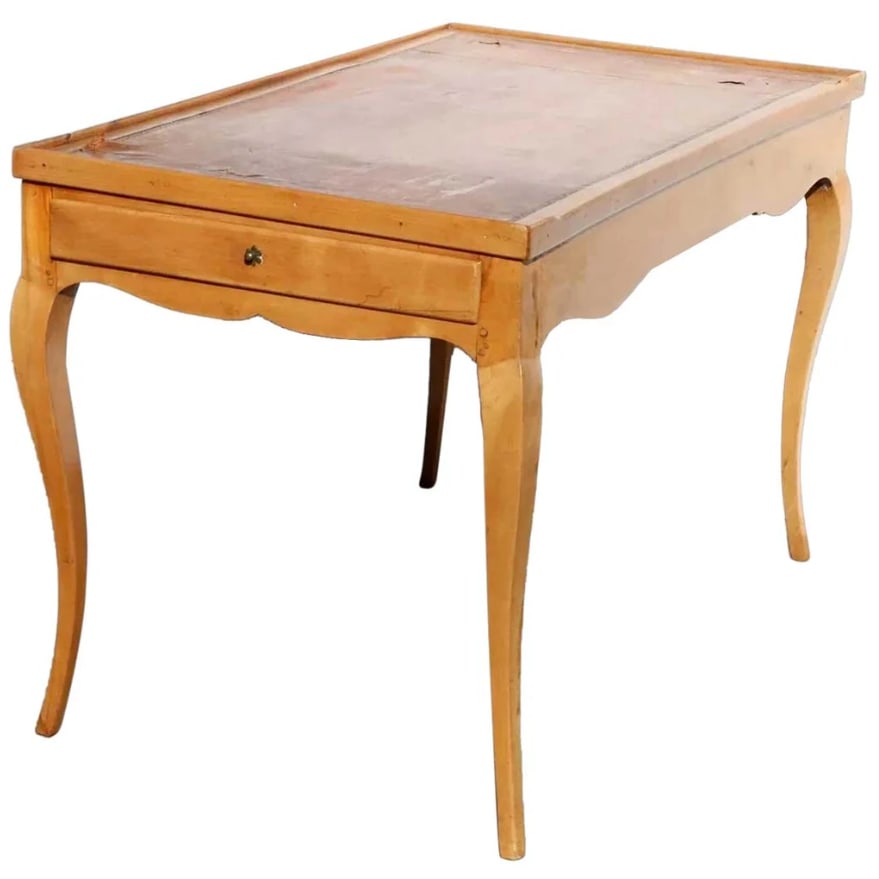 French Provincial Pearwood Leather Top Side Table 18th century: French Provincial Pearwood Leather Top Side Table / Card Table. An antique side or games table with removable, rectangular top and gallery edge with leather tooled surface on one side and green baize