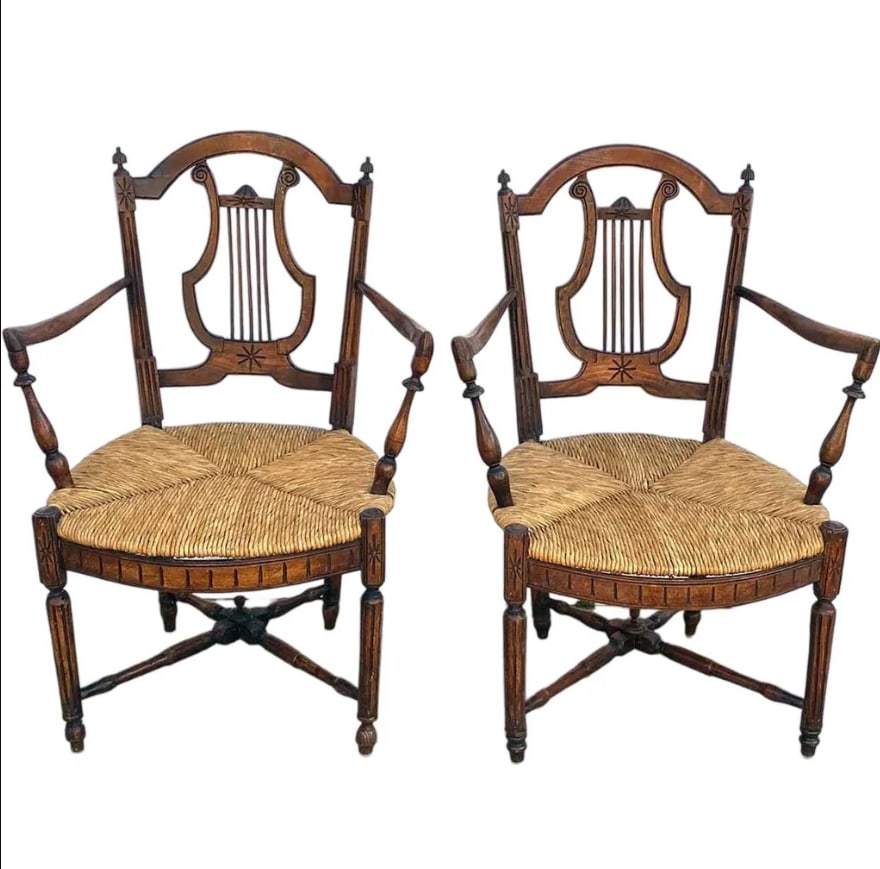 Pair French Provincial Louis XVI Style Oak Rush Seat Armchairs (1 of 9)