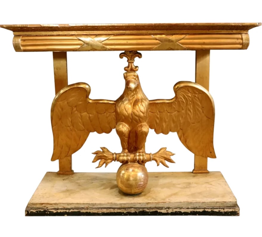 Swedish Karl Johan Gilt Marble Top Console Table 19th century: Swedish Karl Johan Gilt Marble Top Eagle Console Table. An antique, 19th century Swedish gilt marble top console, with reeded apron, is supported by a gold gilt eagle perched on an orb, on a faux pain