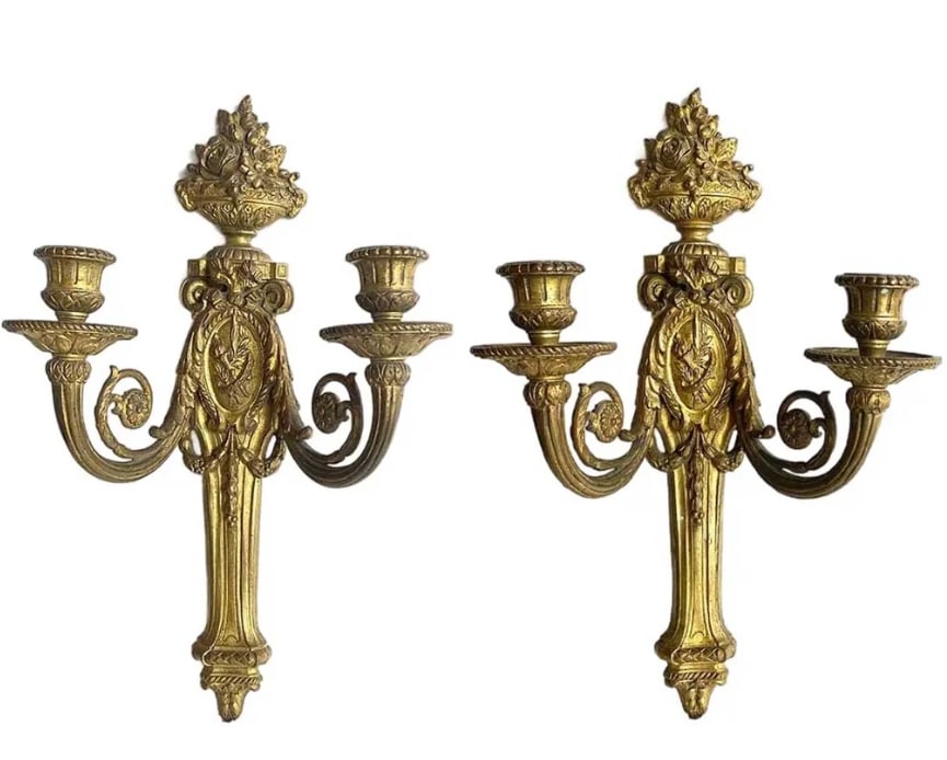 Pair of French Louis XVI Gilt Brass Wall Sconces (1 of 5)