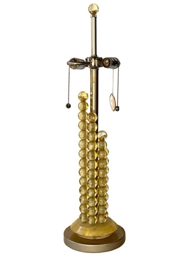 Vintage American Van Teal Acrylic Bubble Table Lamp: Vintage American Van Teal Acrylic Bubble Two-Light Table Lamp. With with a central gilt metal support rod surrounded by stacked acrylic spherical bubbles in graduating heights, mounted on an acrylic s