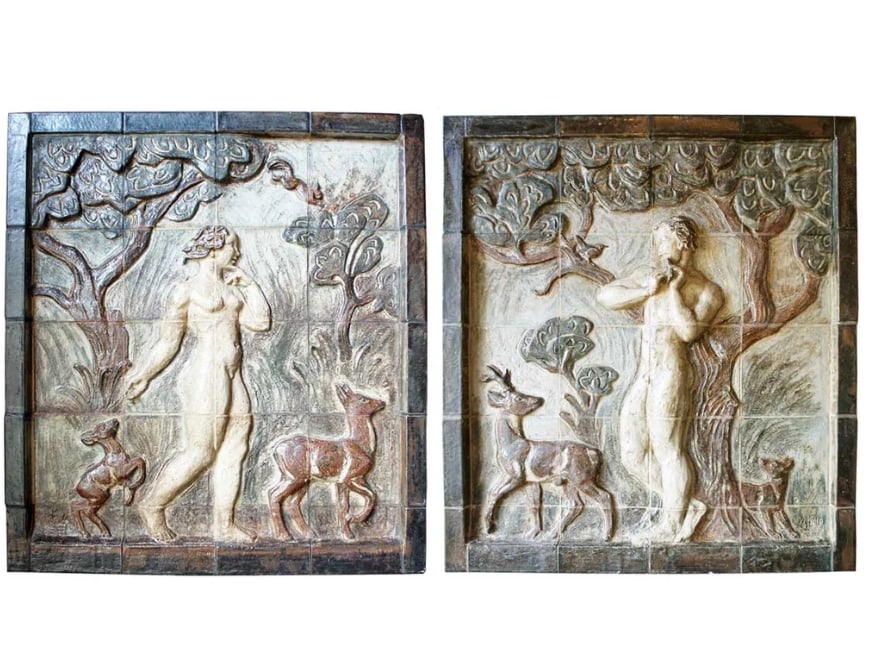 Rare Pair KNUD KYHN for Royal Copenhagen Stoneware Tile Wall Panels: Pair KNUD KYHN for Royal Copenhagen Stoneware Tile Wall Panels, Adam and Eve. These very large, framed vintage tile scenes feature raised relief, moulded panels depicting the garden of Eden, with Adam