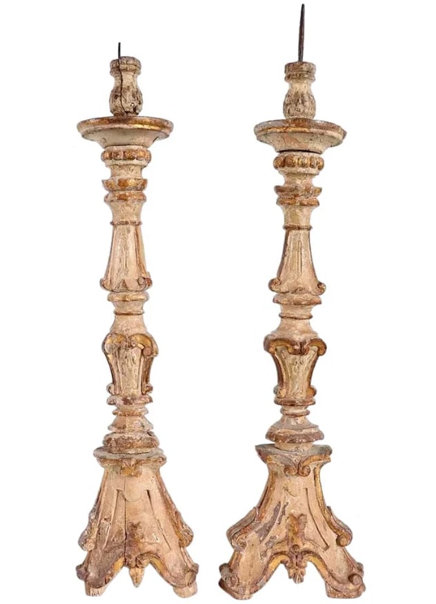 Large Pair of Indo-Portuguese Gilt Teak 30-inch Candlesticks: Large Pair of Indo-Portuguese Baroque Gilt Teak Pricket Candlesticks. Width 8 Depth 7 Height 30 inches. Circa 1780.