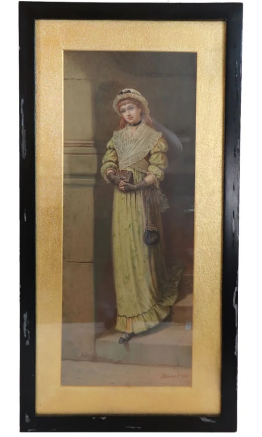 JANE MARIA BOWKETT Aesthetic Movement Chromolithograph Print, Lady on Stairs 1881 (1 of 3)