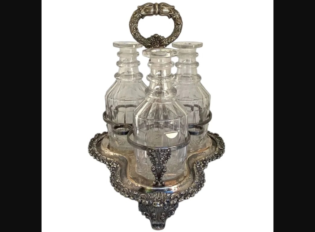 Victorian Silverplate and Cut Glass Three-Bottle Decanter Tantalus Set (1 of 6)