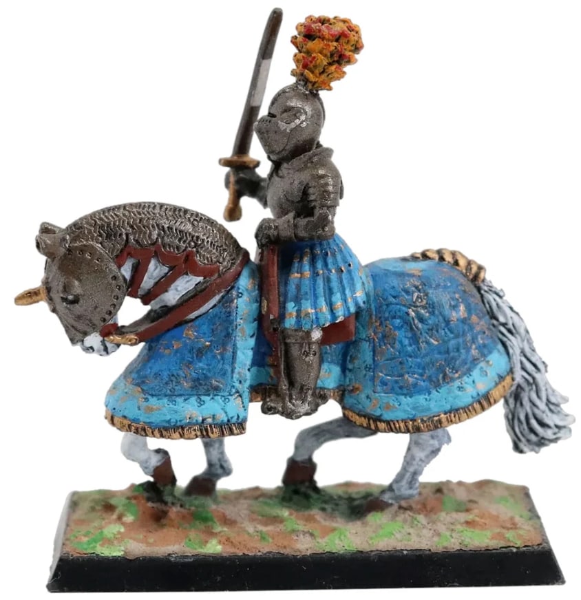 Five Vintage European Painted Tin/Lead Miniature Toy Figures on Horseback: 1) German Painted Tin Alloy Medieval Knight on Horseback Miniature Figure. Germany. Width 2.125 Depth 1 Height 2.125 inches. Circa 20th century. 2) Vintage German Painted Lead Soldier on Horseback Min