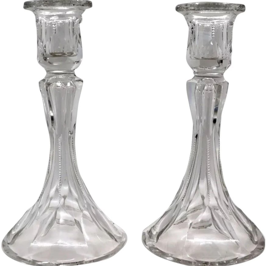American Adams & Co. Pressed Glass Maud Granger Relish Dish and Candlesticks (3): 1) Pair of American Zipper Cut Glass Candlesticks - United States MARKS Unmarked. Note: (1) chips (base). (2) Width 4.25 Depth 4.25 Height 8 inches. Circa 1900. 2) American Adams & Co. Pressed Glass M