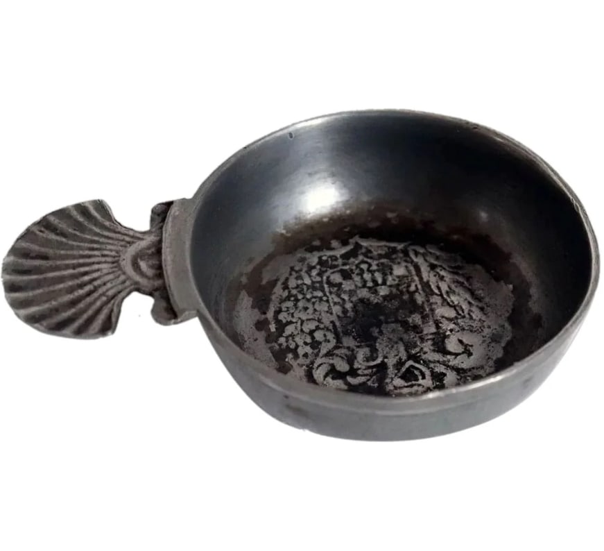 Four Vintage French Pewter One-Handle Wine Tasting Bowls (Tastevins): 1) Small Vintage French Pewter Armorial Wine Tasting Bowl (Tastevin) - A vintage wine tasting cup with armorial in the bowl and a single shell form handle. This form of small, shallow, flat handle bow