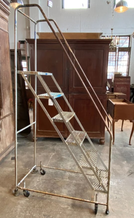 Vintage American Ballymore Co. Industrial Steel Rolling Ladder 1950s (1 of 2)