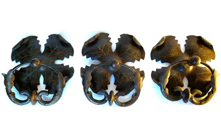Set of Three Medieval Style Hand Forged Wrought Patinated Iron Foliate Bail Handle Door Pulls (1 of 3)
