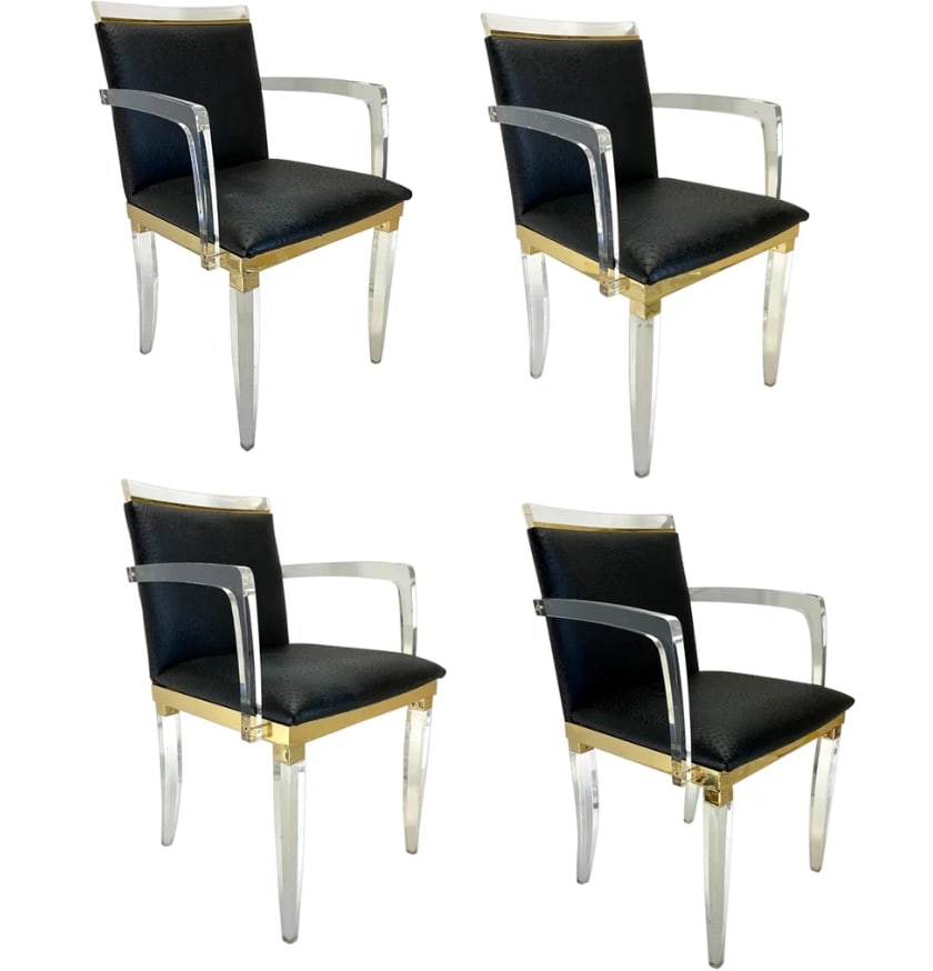 Set Four Vintage French Maison Romeo Brass, Lucite and Ostrich Leather Armchairs (1 of 5)