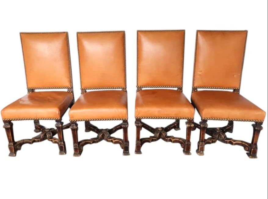 Set of Four French Renaissance Revival Leather Dining Side Chairs (1 of 4)