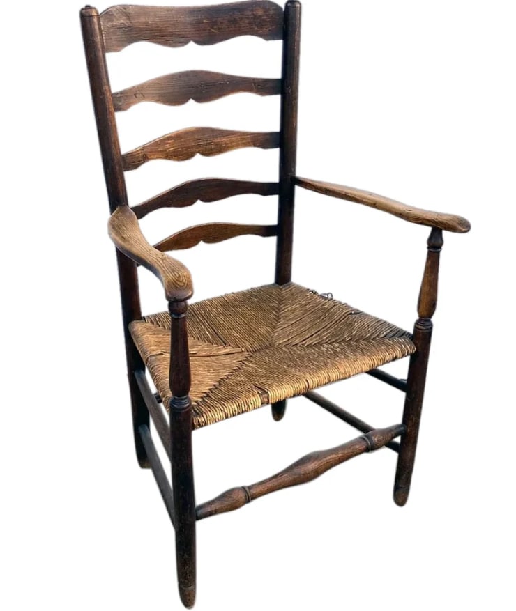 English Georgian Oak and Elm Rush Seat Ladderback Armchair (1 of 5)