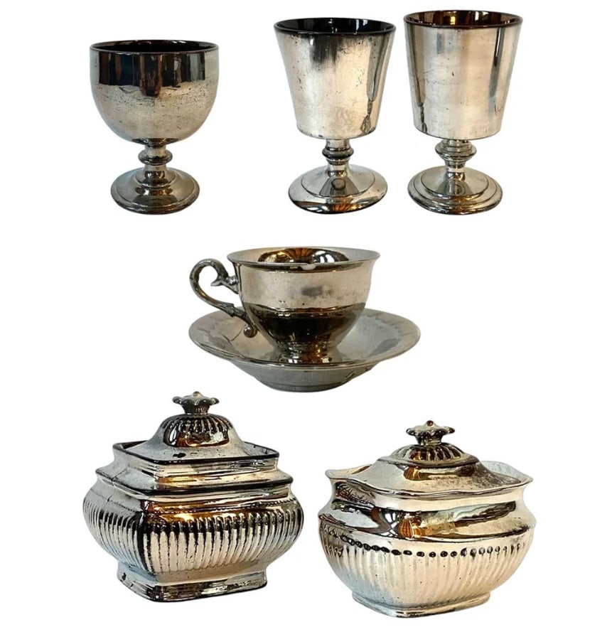 English Regency Silver Lusterware Ceramic Cup and Saucer, Sugar Bowls, Goblets (1 of 5)