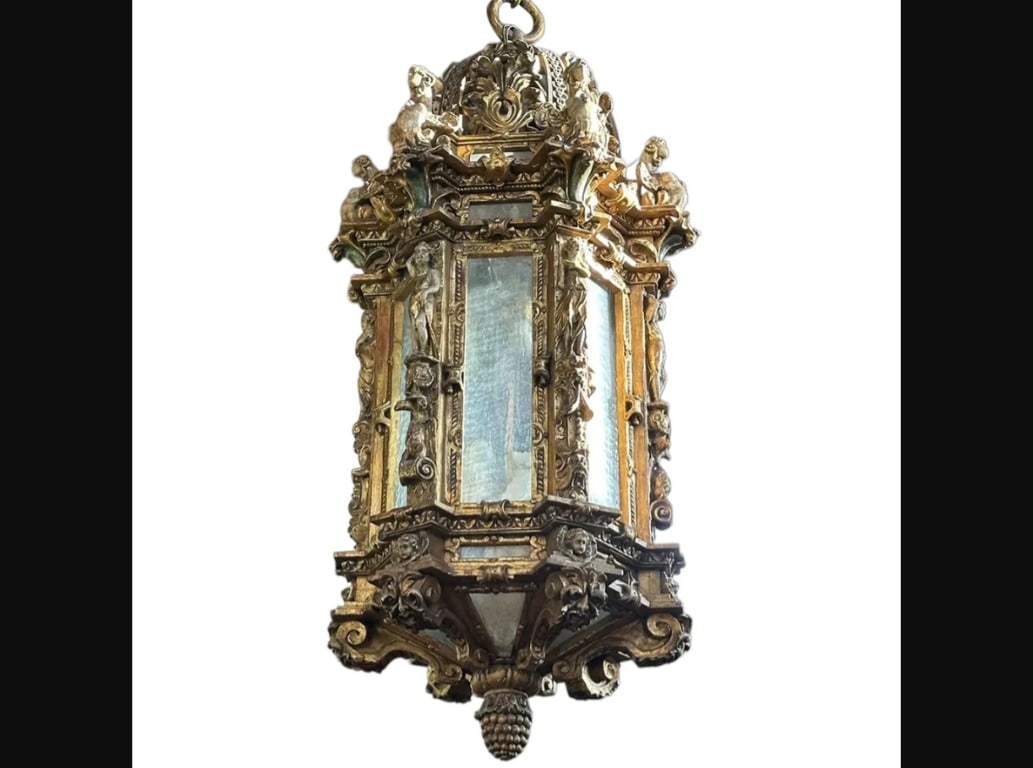 Large Venetian Gilt Gesso, Pine, Glass Eight-Light Pendant Lantern (1 of 5)
