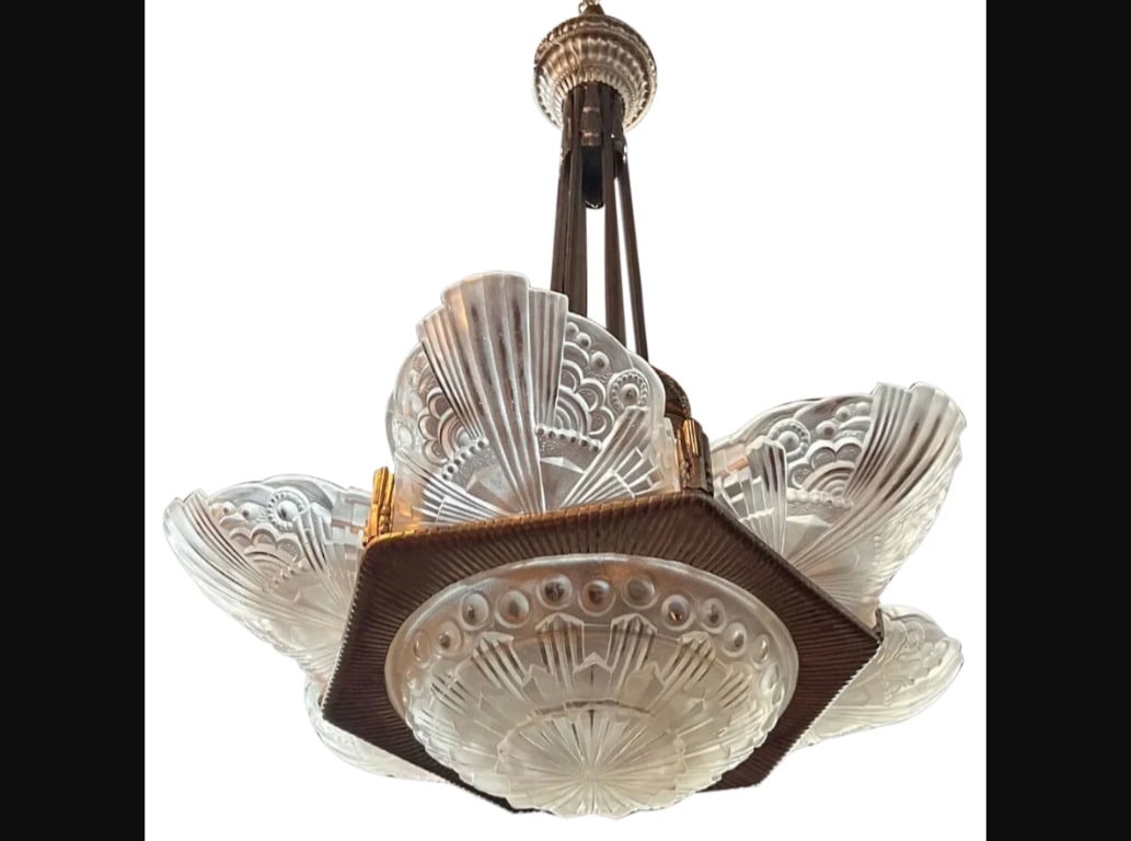 French GEORGES LELEU Art Deco Cast Metal and Glass 9-Light Chandelier (1 of 4)