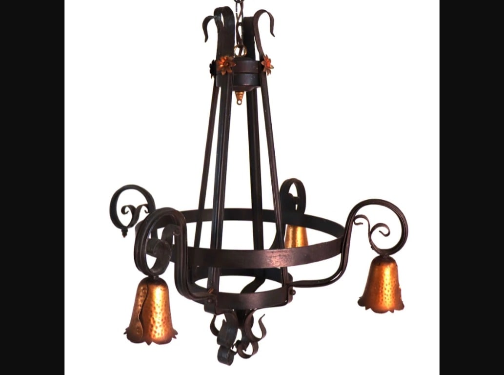 American Wrought Iron and Hammered Copper Four-Light Chandelier (1 of 4)