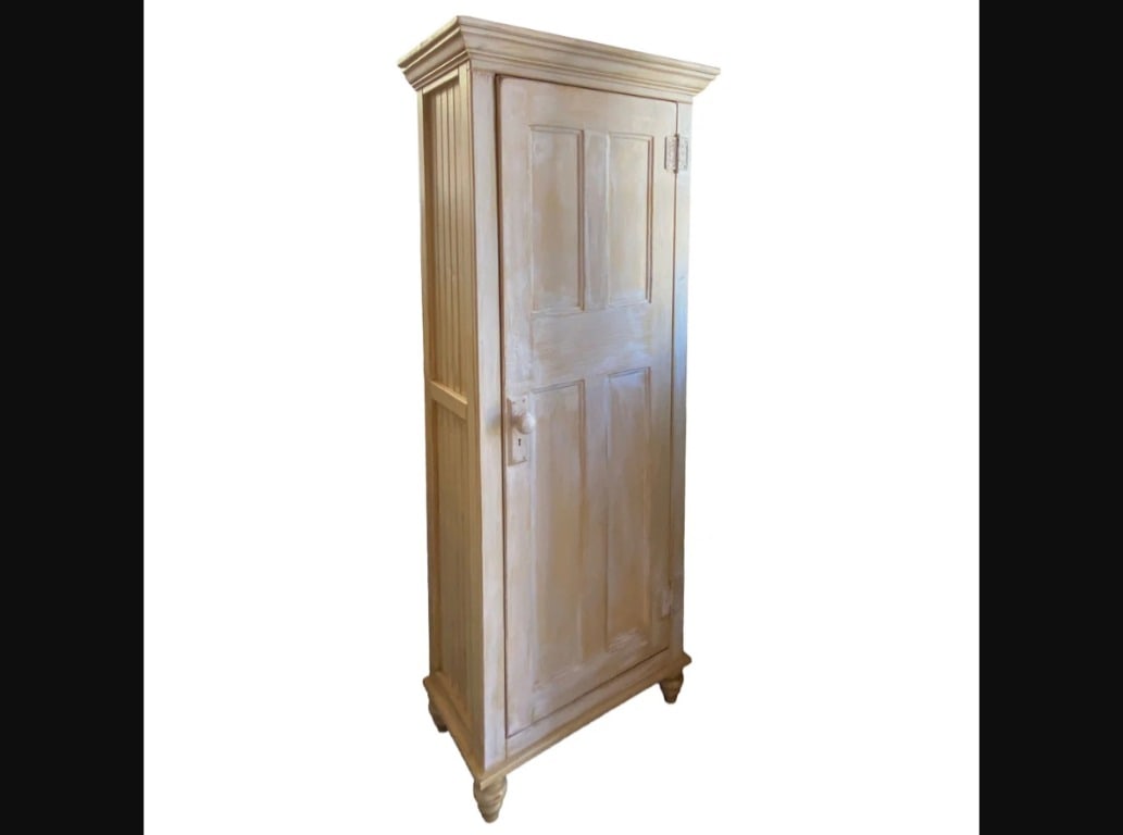 Tall Folk Art White Painted One-Door Pine Cupboard (1 of 3)