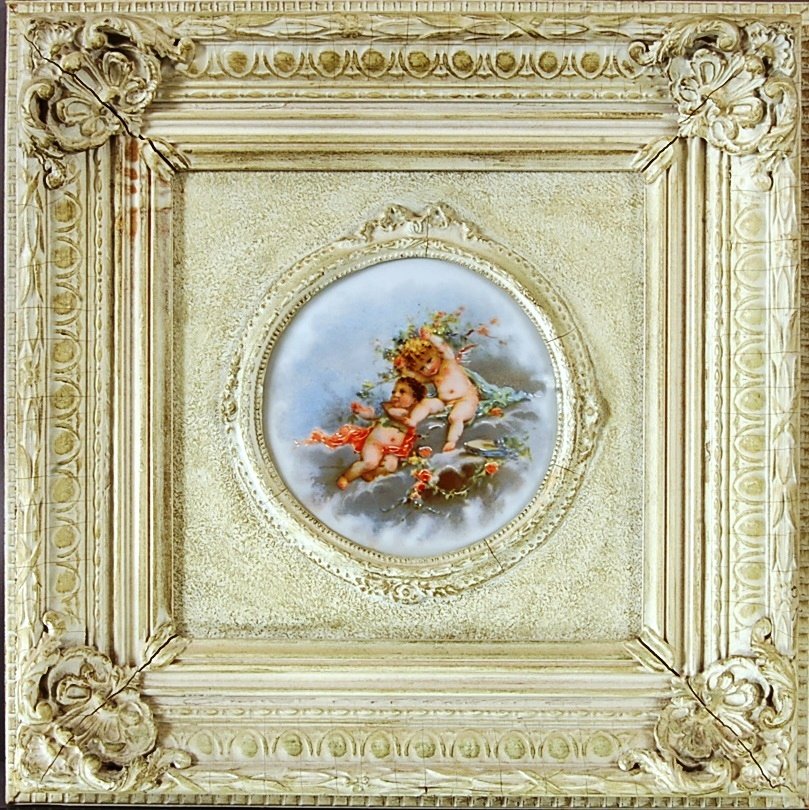 French Louis XV style Porcelain Plaque: With 2 cherubs playing music. Framed & Hand decorated. 14" x 15" Ca. 1920