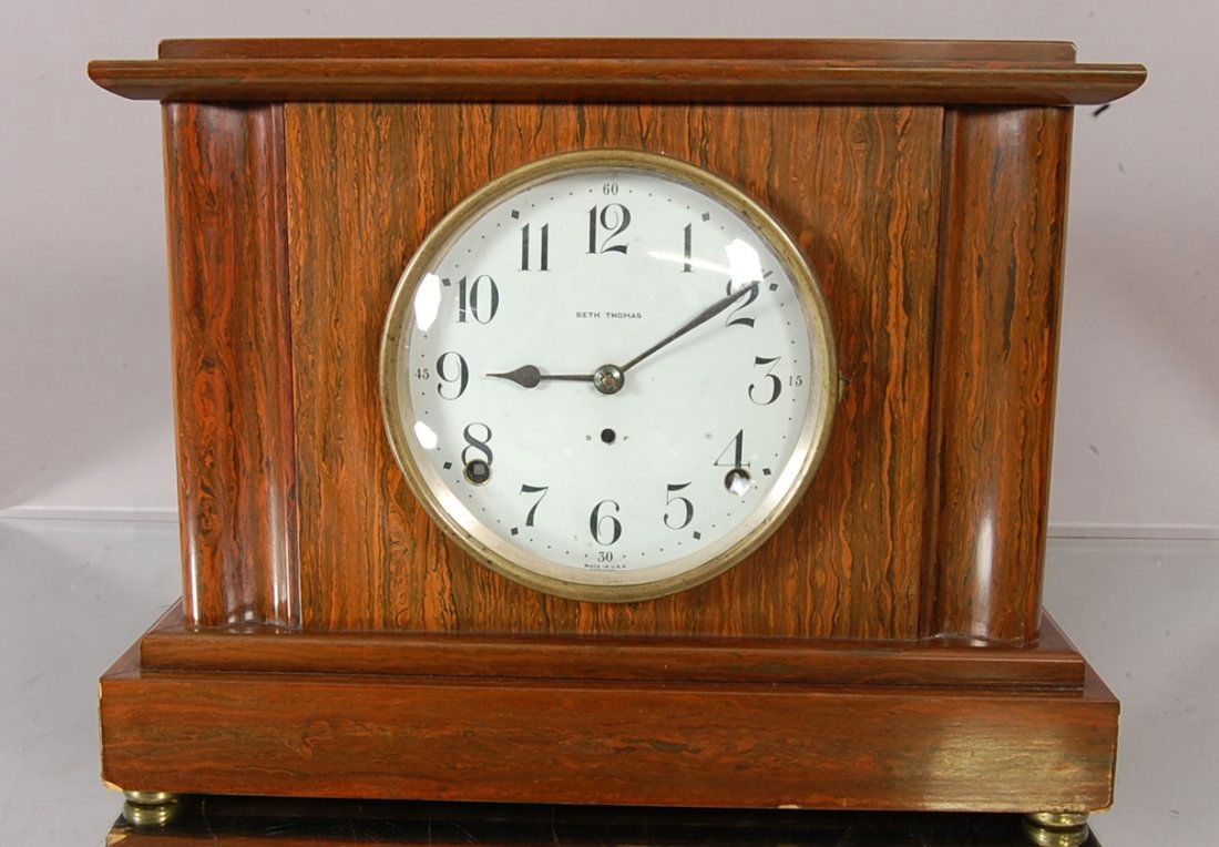 Seth Thomas Mantel Clock: Adamantine finsh, time & strike. 9" t x 12" w. Ca. 1900
