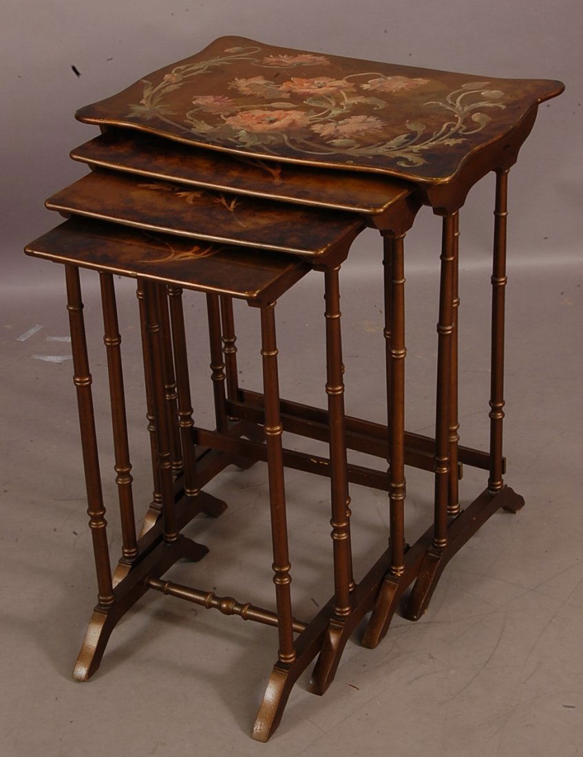 Set of French Gilted nest of tables: With hand painted floral decorated top 23" w x 16" d x 28" l. Ca. 1910