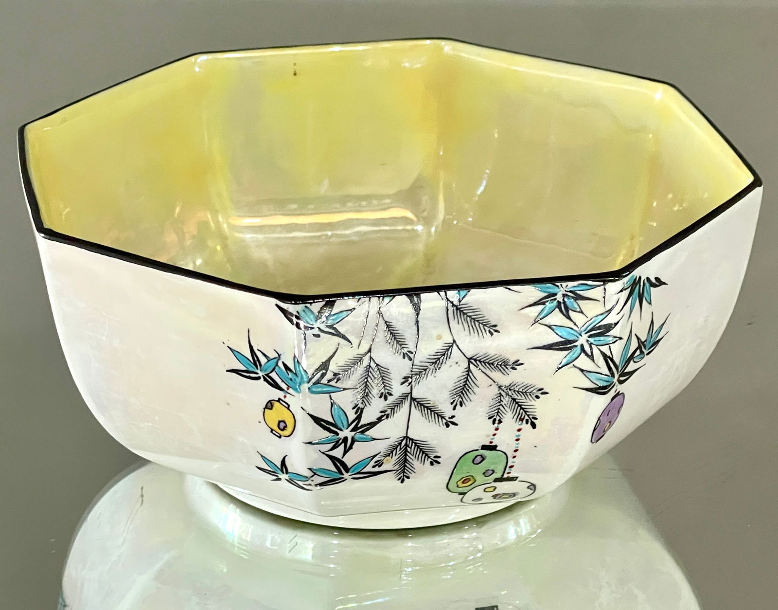 Antique Shelley Art Nouveau Lustre Ware: Chinese lanterns, #8584. Pewter. DIMENSIONS: 3"t x 6 1/2"w ORIGIN: England CIRCA: 1920.