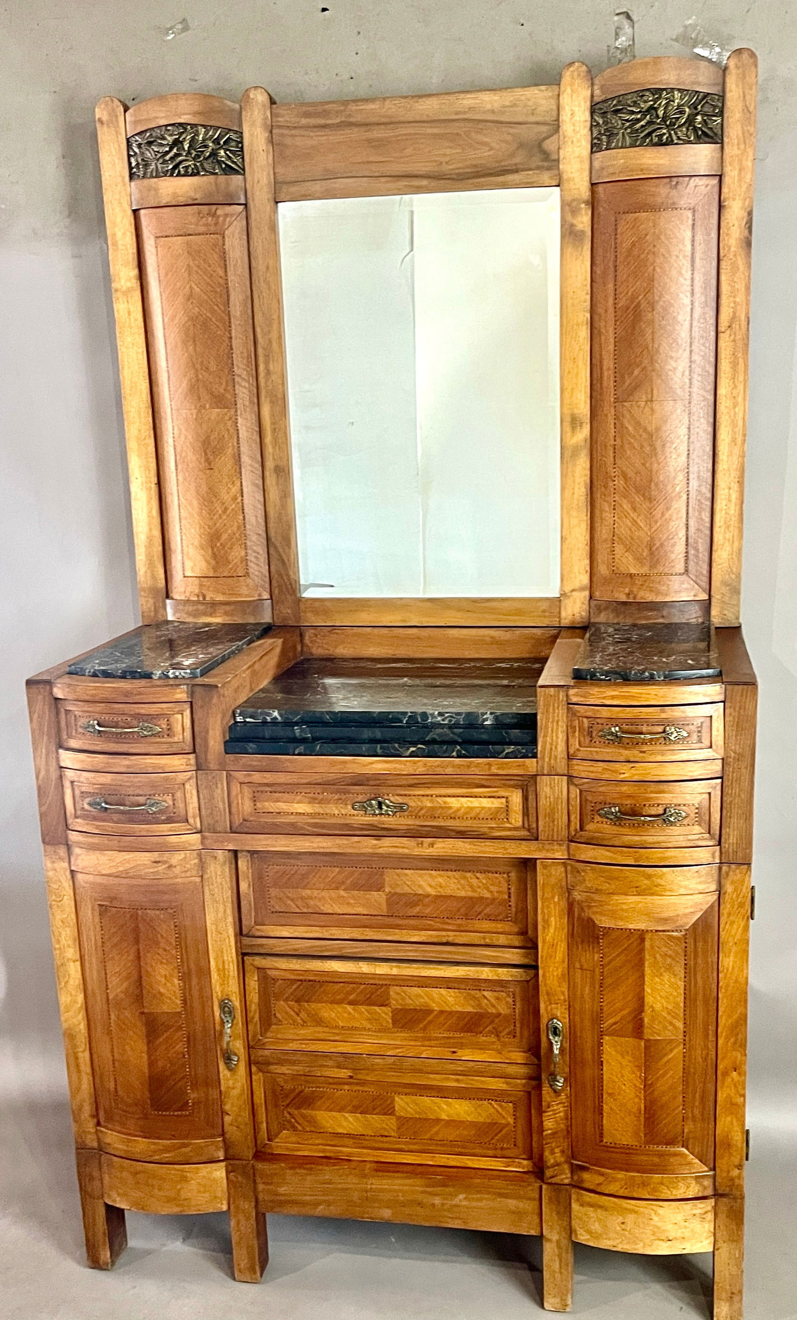 Fr. Art Deco Marquetry Walnut Marble Top Dresser (1 of 7)