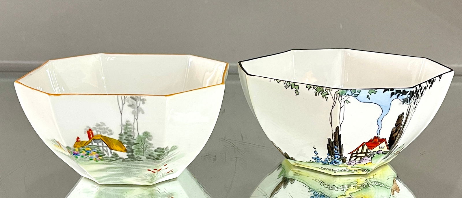 Two Shelley Queen Anne Art Deco Open Sugar Bowls: MARKS: signed Shelley ORIGIN: England DIMENSIONS: 2 1/2" x 4 1/2" CIRCA: 1900