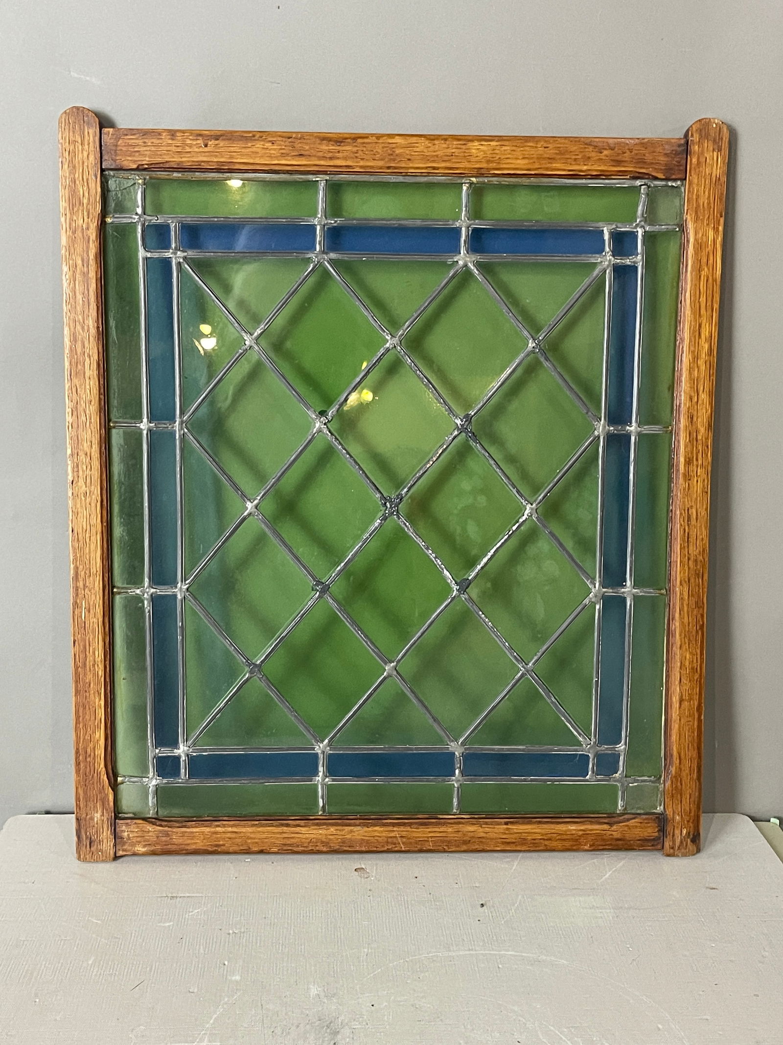 19th Cent. Fr. Gothic Stain & Leaded Glass Window: Oak frame, originally from Monestary in North France. DIMENSIONS: 21" x 18" ORIGIN: France CIRCA: 1880.
