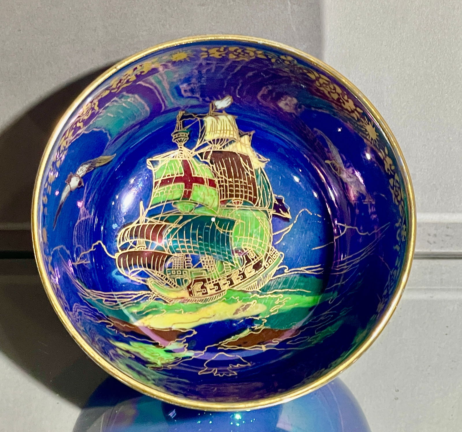 Crown Devon Lustrine Royal George Blue Ship: Stoke on Trent England. DIMENSIONS: 2"t x 4"w ORIGIN: England CIRCA: 1910.