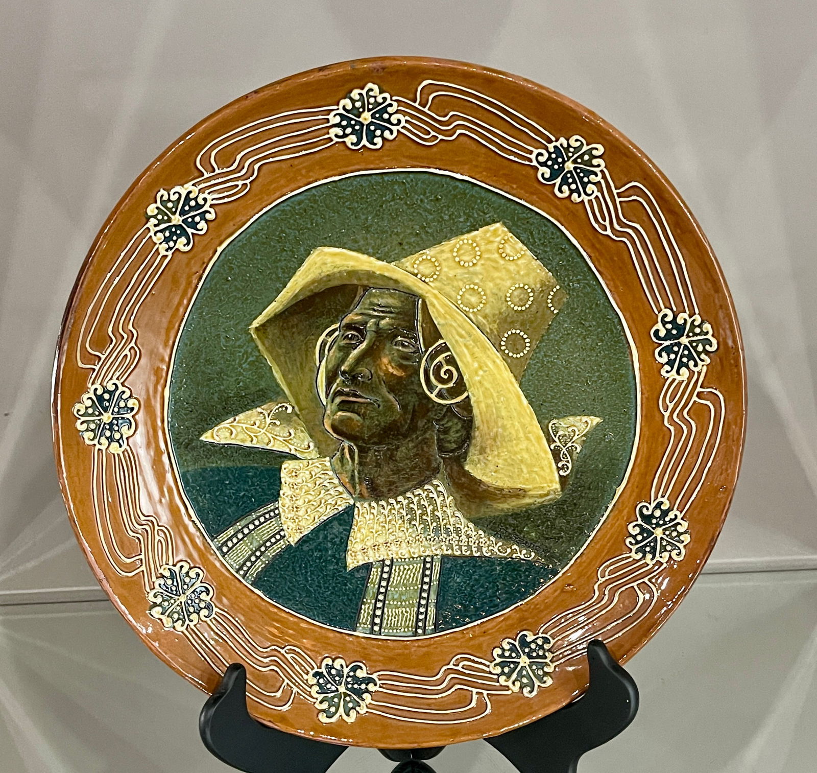 The Foley "Faience" Charger "Man": MARKS: signed on back by R. Seadon DIMENSIONS: 14"d ORIGIN: England CIRCA: 1920.