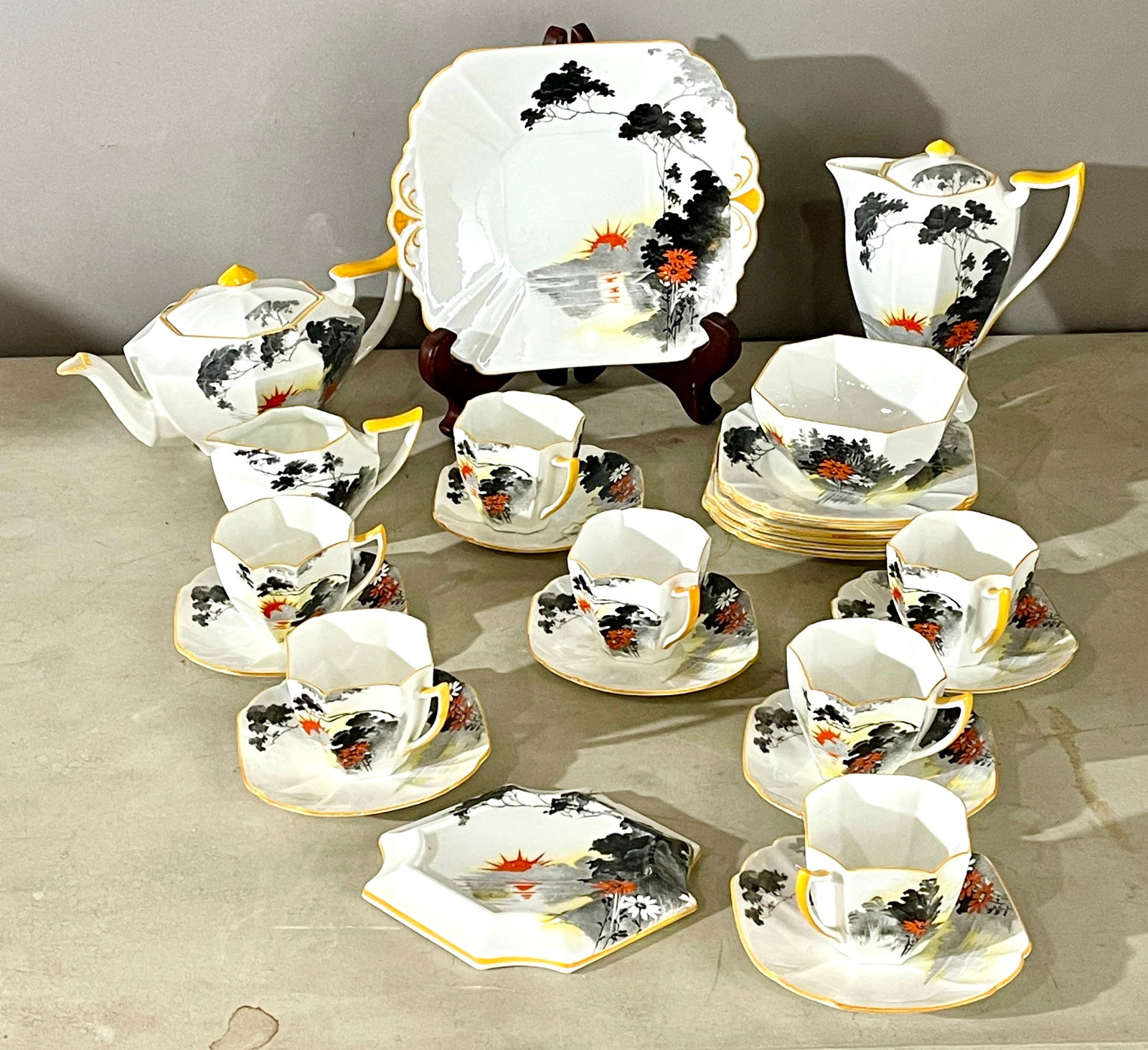 Shelley Queen Anne "Sunset & Flowers" Tea Set: 19 pieces, #11691 ORIGIN: England CIRCA: 1920.