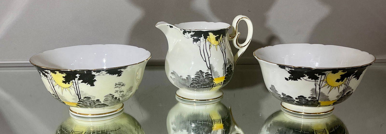 Shelley Sunrise & Trees Pattern #12851: DIMENSIONS: creamer 3 1/2" bowl 5 1/4"d CIRCA: 1930.