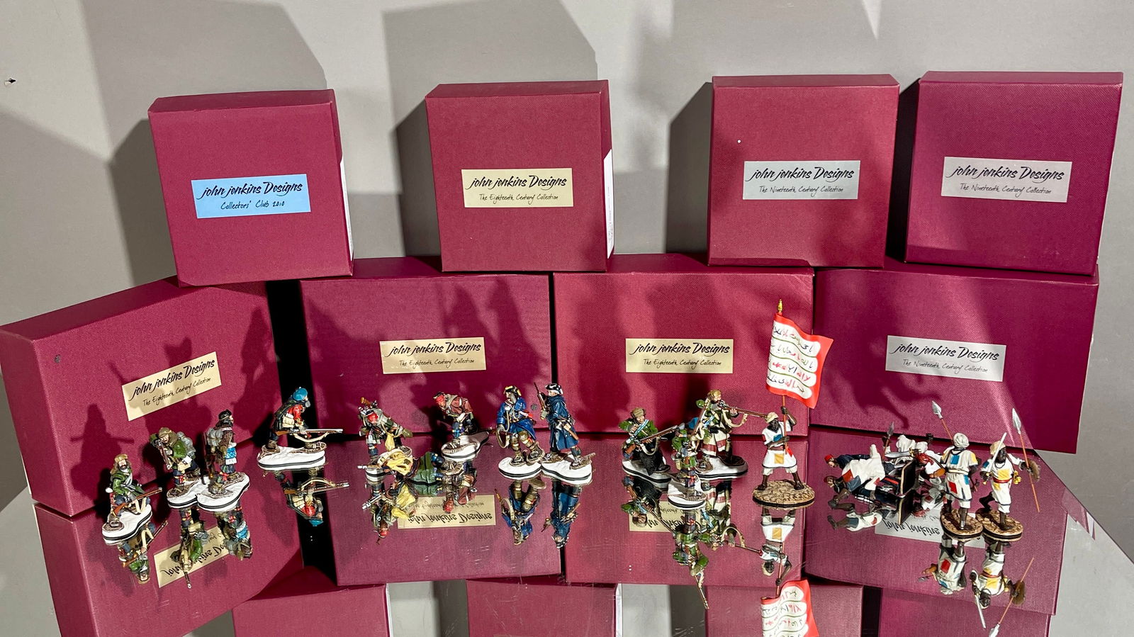 19 John Jenkins Cast Toy Soldiers: with original boxes. DIMENSIONS: 2 1/2"t ORIGIN: China CIRCA: 2010.