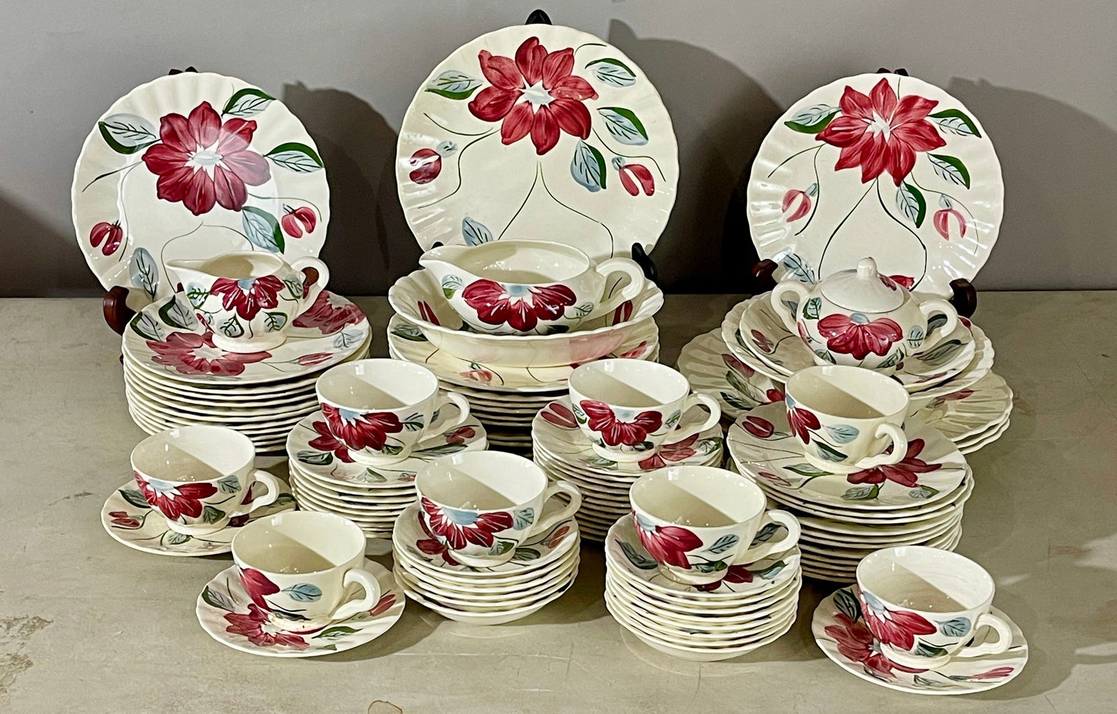 Blue Rige Southern Pottery Partial Dinner Set: Colonial pattern, 82 pieces. DIMENSIONS: 10 1/4"d tray, 9 1/4"d plates, 9 1/2"-7"bowls. ORIGIN: USA CIRCA: 1950.