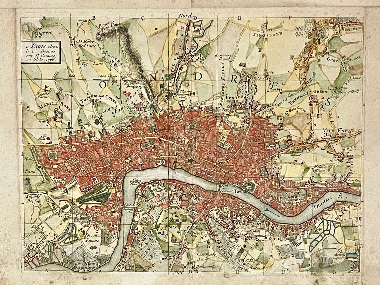 Early 1766 French Map of Londre: Street maps, hand colored DIMENSIONS: 14 3/4" x 11 1/4". ORIGIN: Paris CIRCA: 1766.
