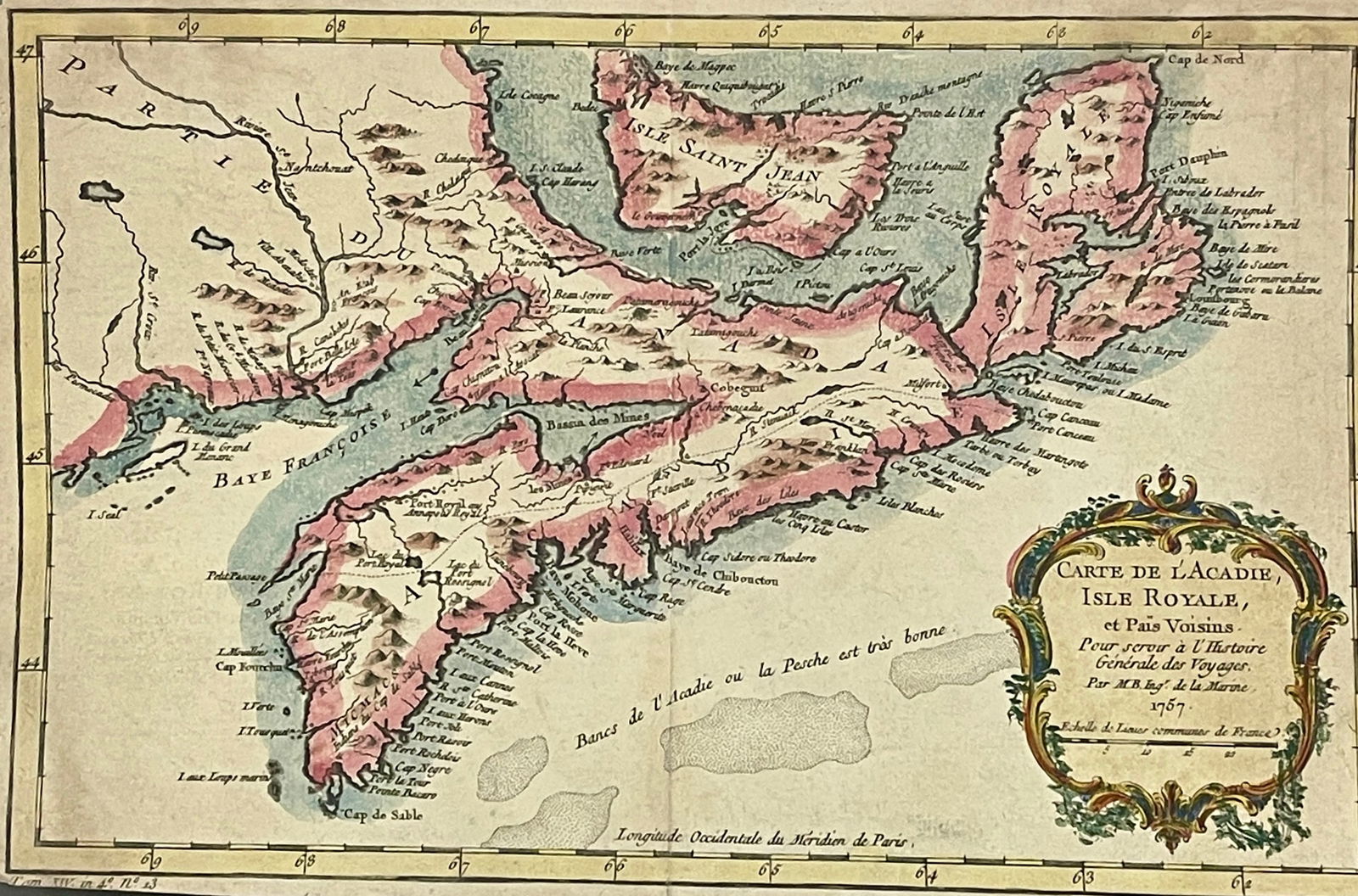 Early French Map of Acadia Isle: To serve as a general history of Voyager by M.B. Naval Engineer, sale of common leagons of France DIMENSIONS: 13 1/2" x 8 1/2". CIRCA: 1757.