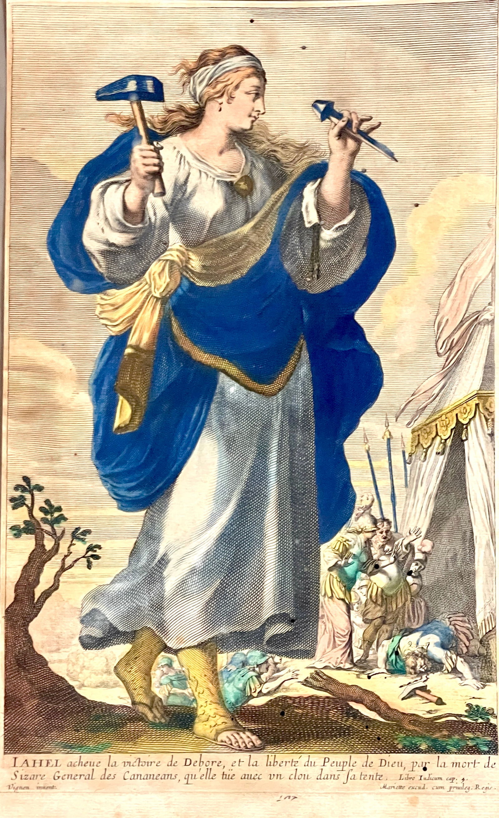 Jael Victory of Deborah 1647 Engraving: Hand colored. Represents the "Strong" woman in early modern France. DIMENSIONS: 14" x 8 1/2" ORIGIN: France CIRCA: 1640.
