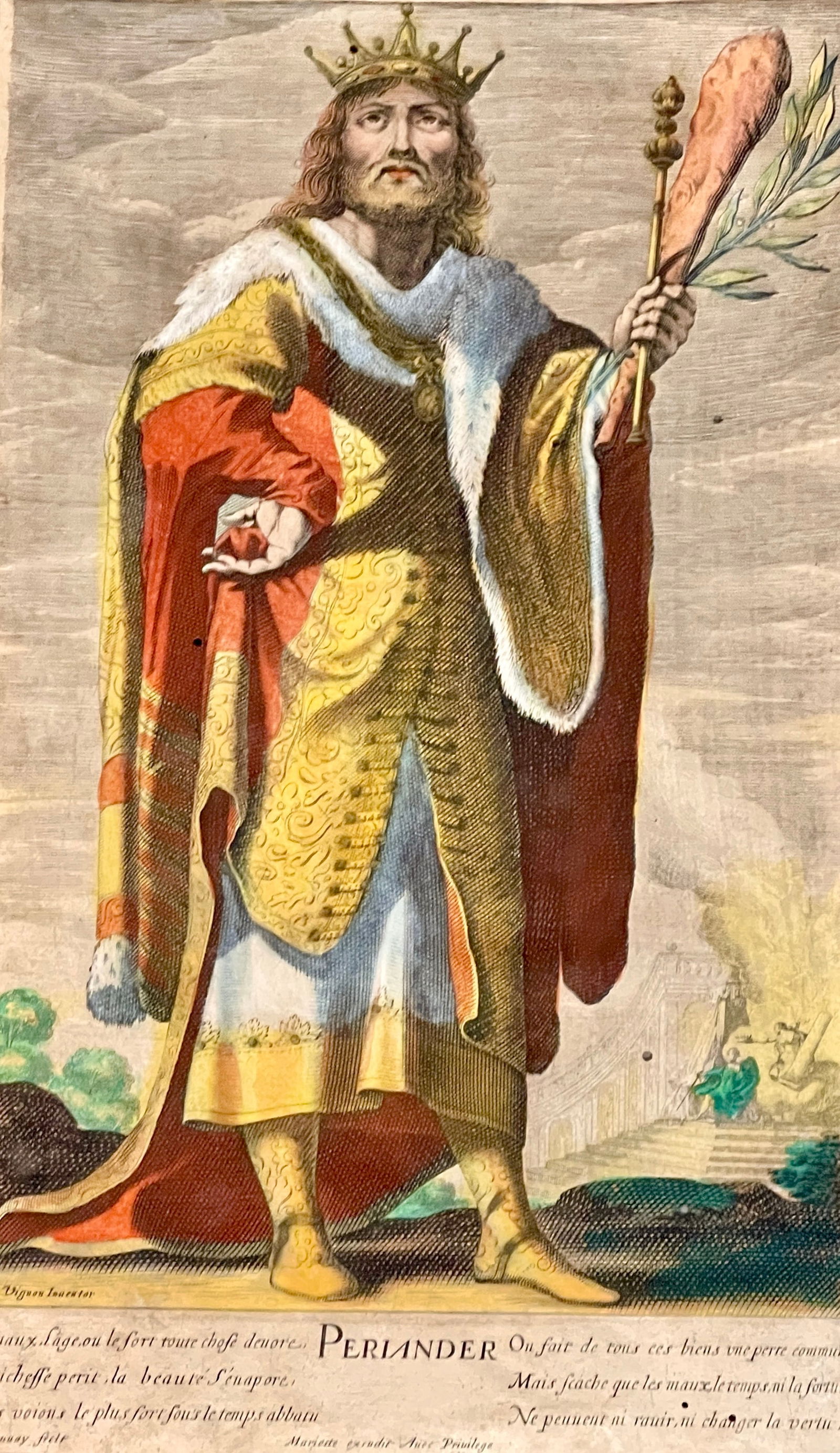 Periandro Gilles Rousselet Hand Colored Engraving: Gilles Rousselet (1614-1686). DIMENSIONS: 14 1/4" x 8 1/2" ORIGIN: Paris CIRCA: 1635.