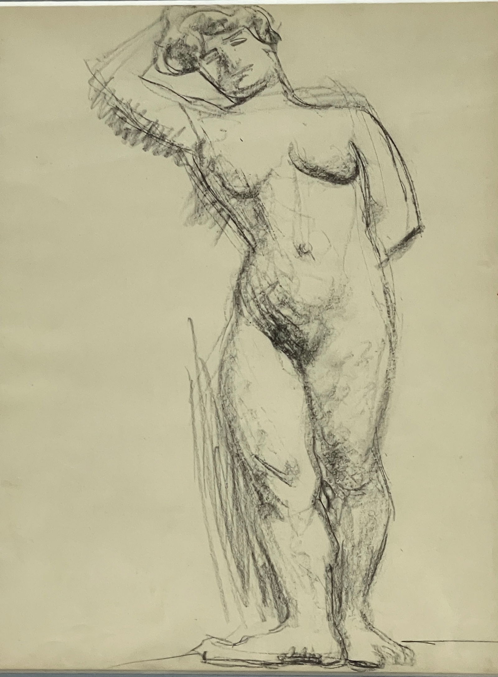 Albert Marquet (1875-1947) Charcoal on Paper: Standing nude with right hand on head. Albert Marquet initially became on of the fauve painters. Painted in a more naturalistic style, landscapes, portraits, and nudes. Died in Paris 1947.