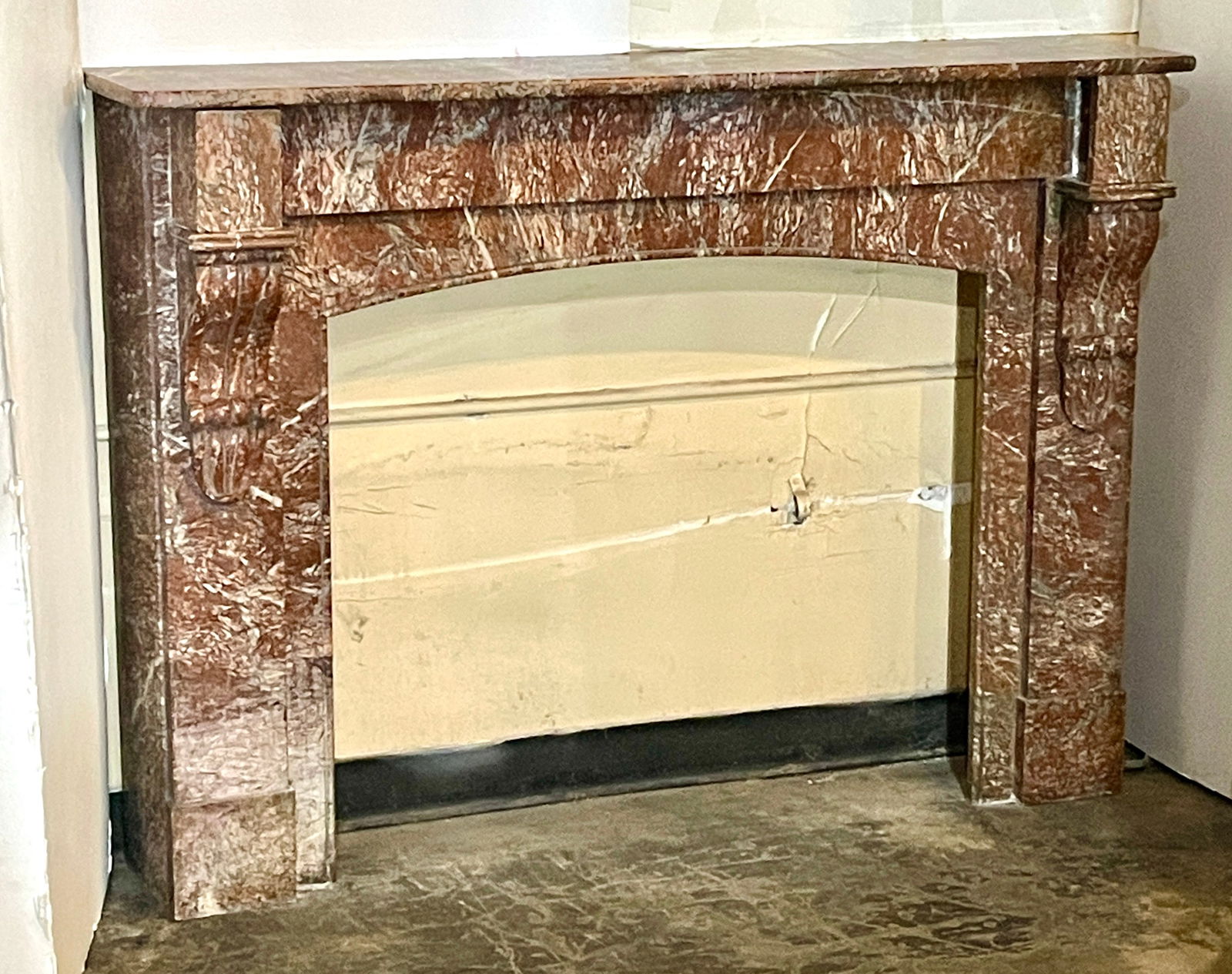 French 19th Century Louis XV Mantel: St. Rouge Royale Marble, elegeant top shows beautiful marble veins. DIMENSIONS: 411/4"t x 14"d x 56"w.