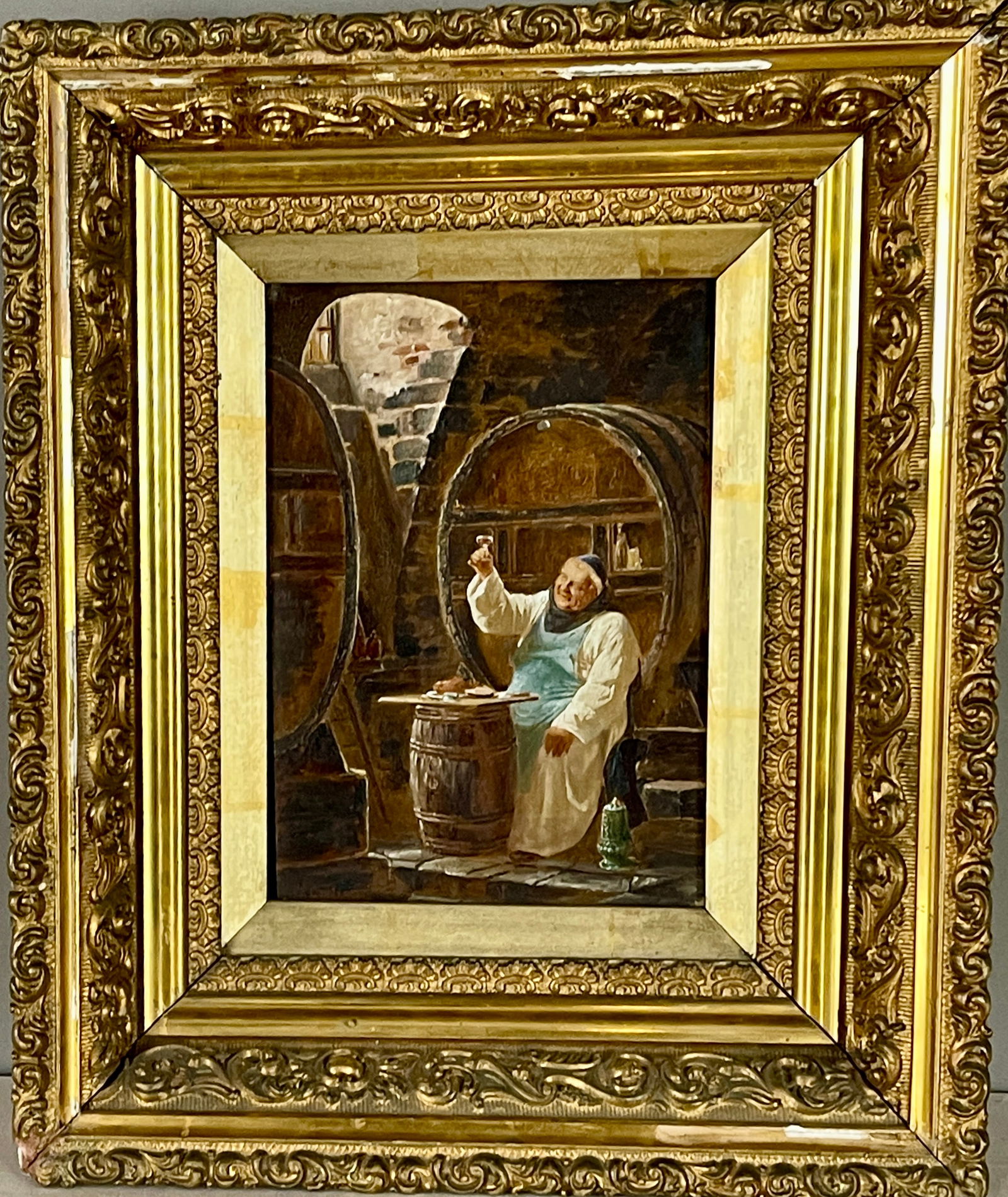 Eduard Von Gr?tzner (1876-1925) Oil on Board: Framed, monk drinking wine, German painter. MARKS: artist signed lower left. DIMENSIONS: sight 6 3/4" x 10" framed 17" x 14". ORIGIN: Germany CIRCA: 1890.
