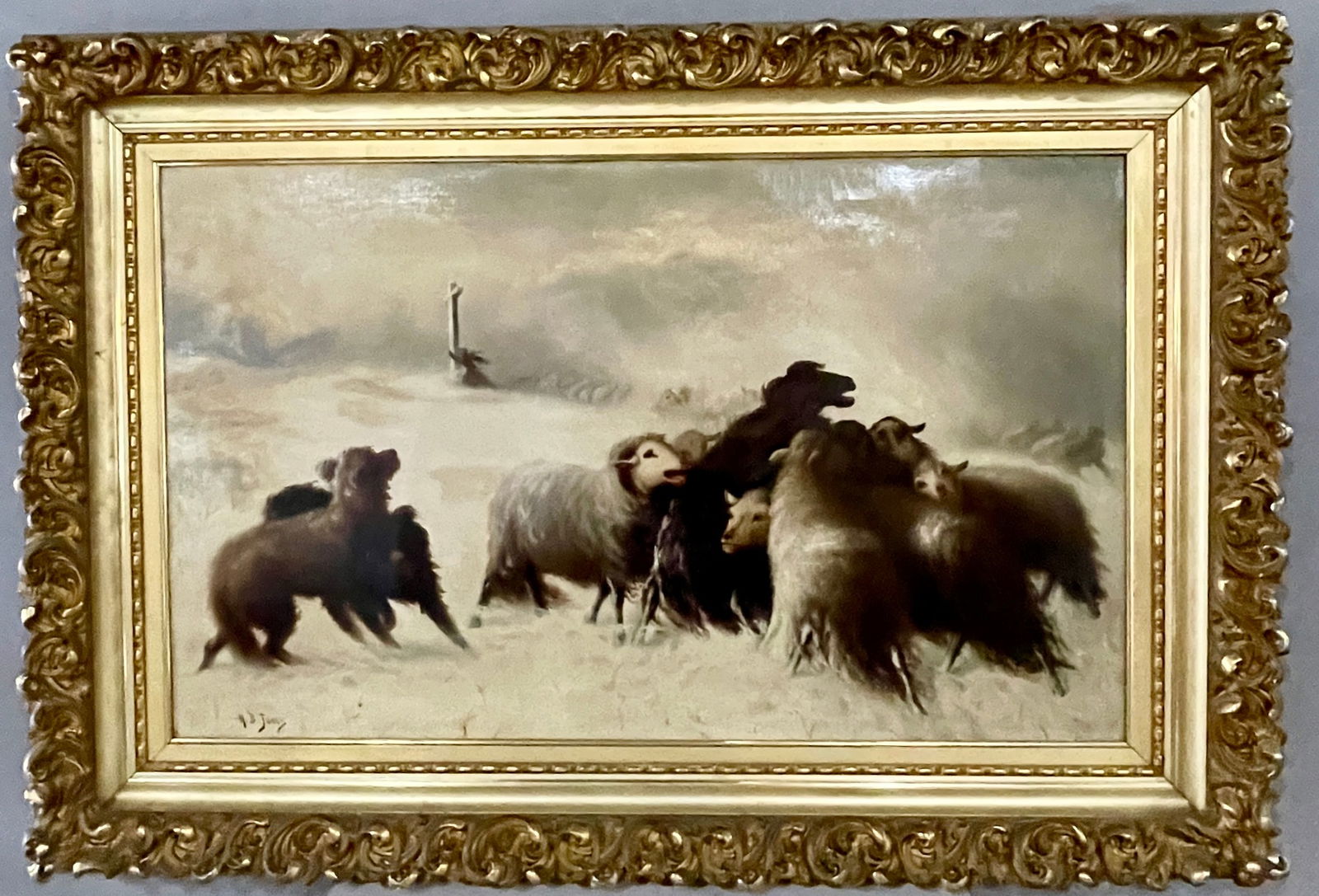 H.B. Jones (1848-1927) Oil on Canvas: Framed, gold gilt. The good shepard leading the lost sheep. MARKS: signed lower left Hugh Bolton Jones (American artist). DIMENSIONS: sight 36" x 22" framed 45" x 31". ORIGIN: USA CIRCA: 1890.