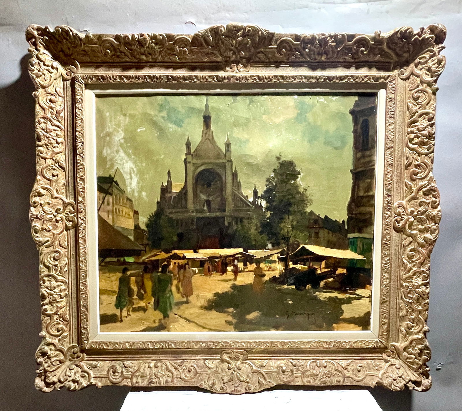 G. Mourtgat Oil on Canvas: Market day, Sainte Catherine. MARKS: signed DIMENSIONS: sight 27" x 23 1/2", framed 38" x 23 1/2". ORIGIN: France CIRCA: 1920.